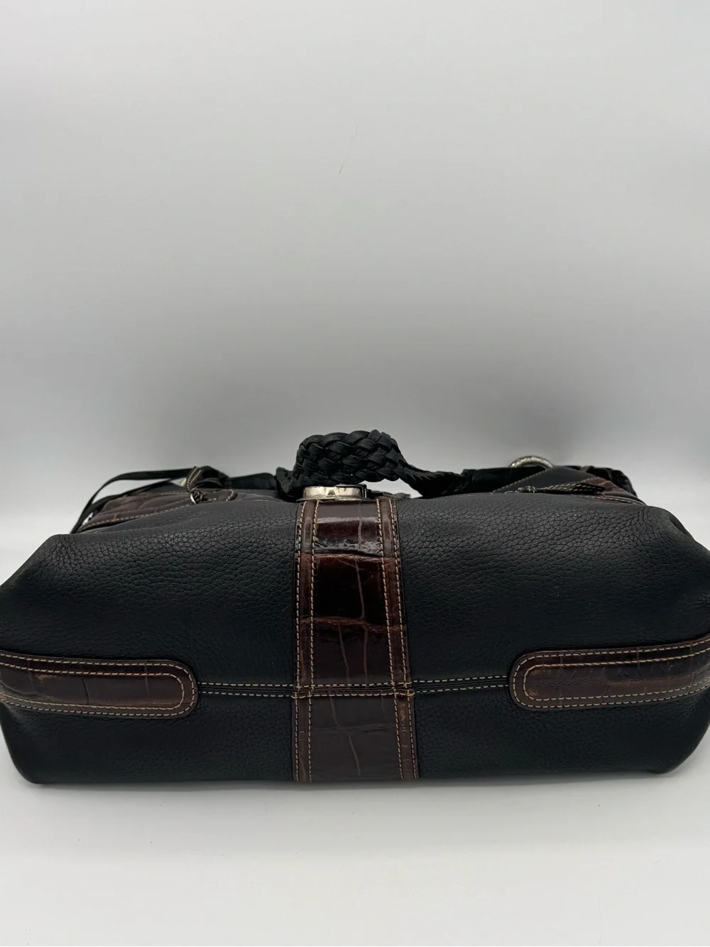 Brighton Vintage Black Leather Croc Embossed Metal Scrollwork Hobo Shoulder Bag